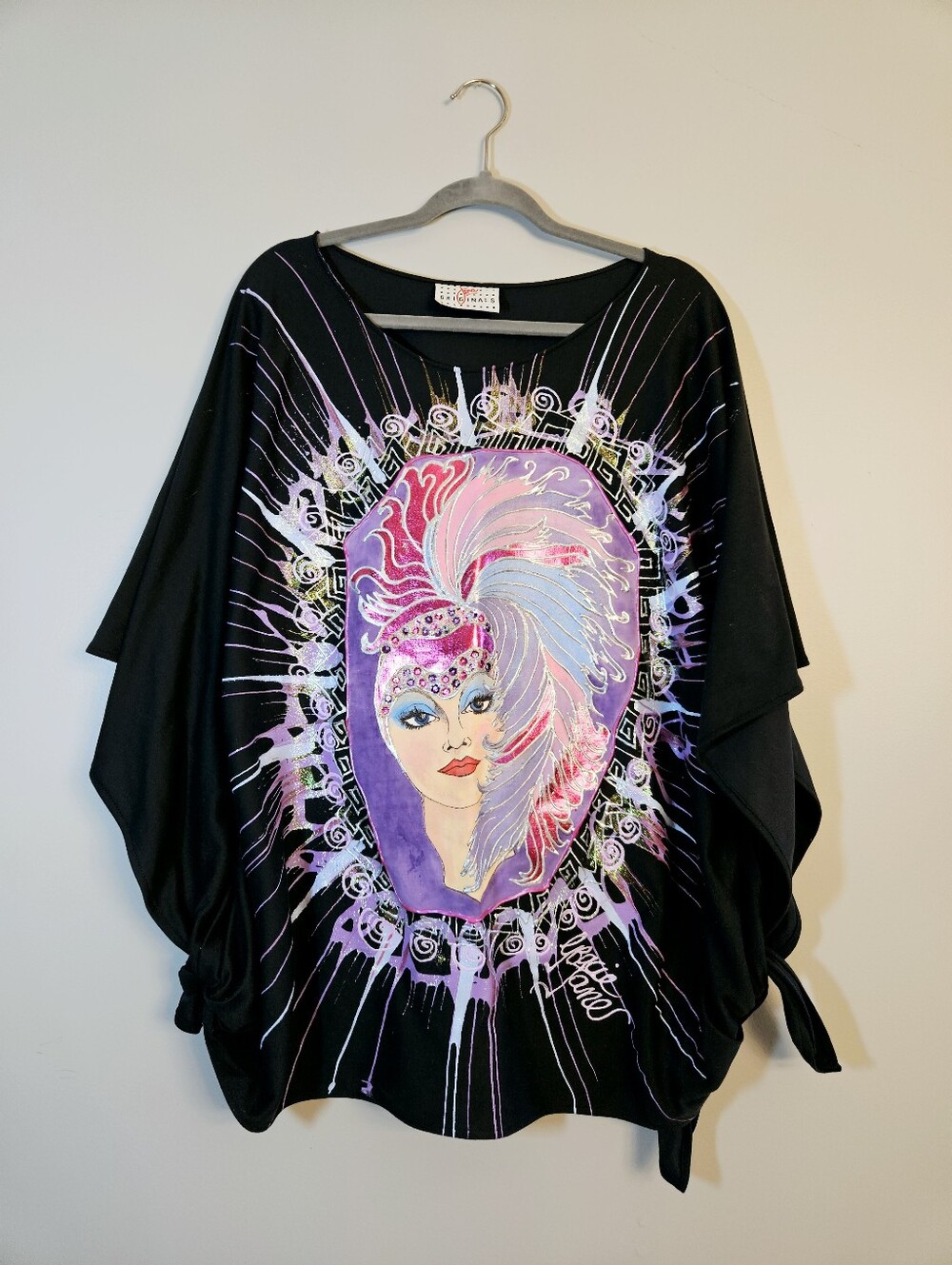 Vintage 80's Hand Painted Glitter Showgirl Top One Size Batwing Sleeve Handmade